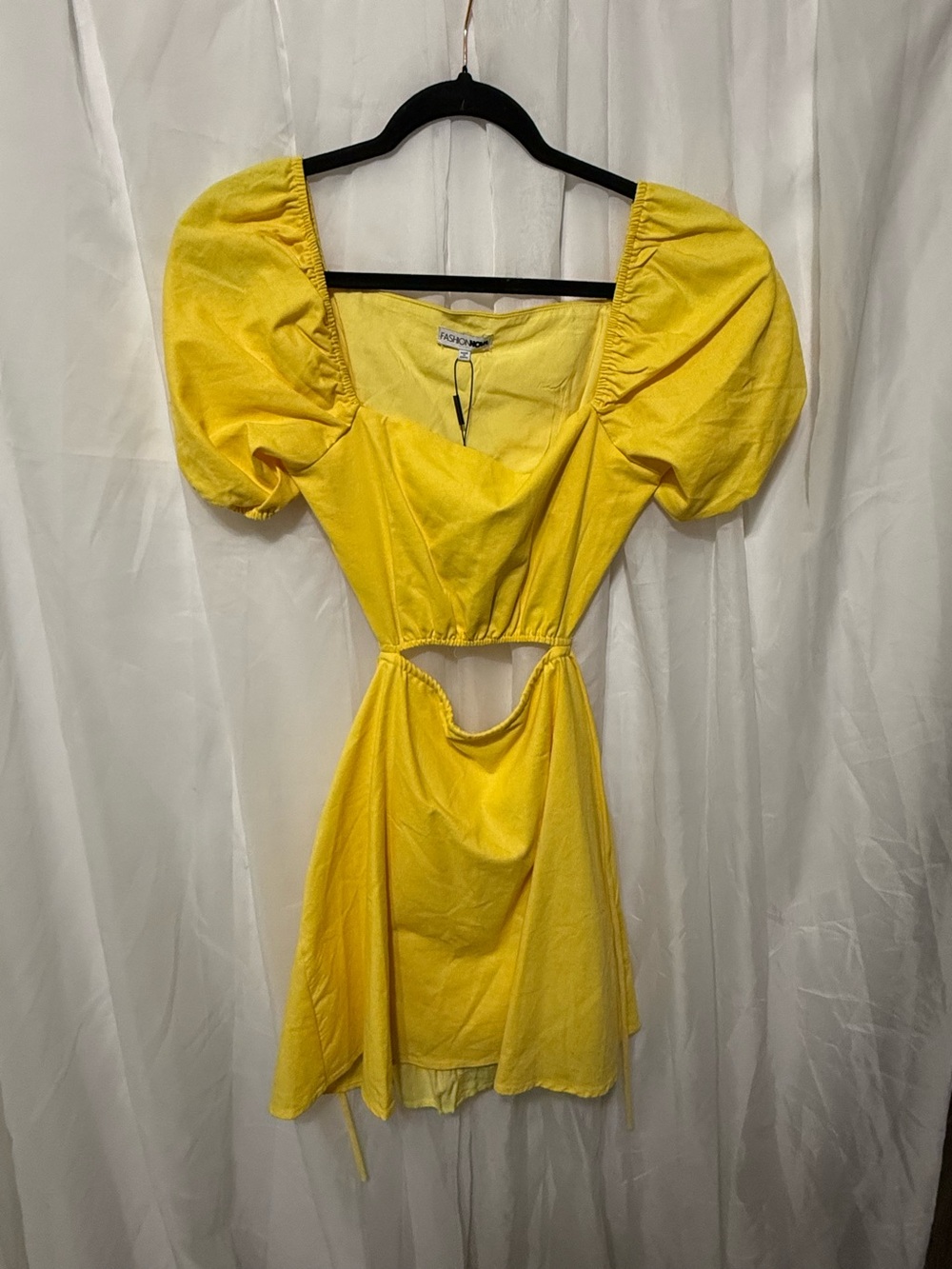 Yellow Puff-Sleeve Cutout Mini Dress